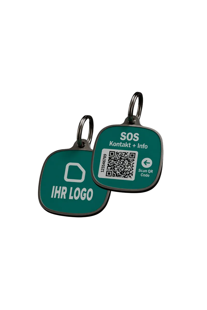 Médaillon SOS pour animal imprimé recto verso avec logo client et QR code, avec anneau porte-clés