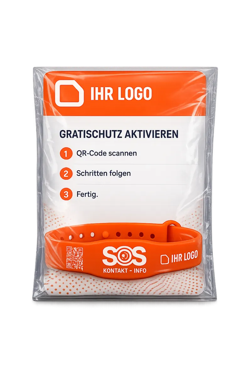Bracelet SOS et carte jointe emballés ensemble dans un sachet transparent