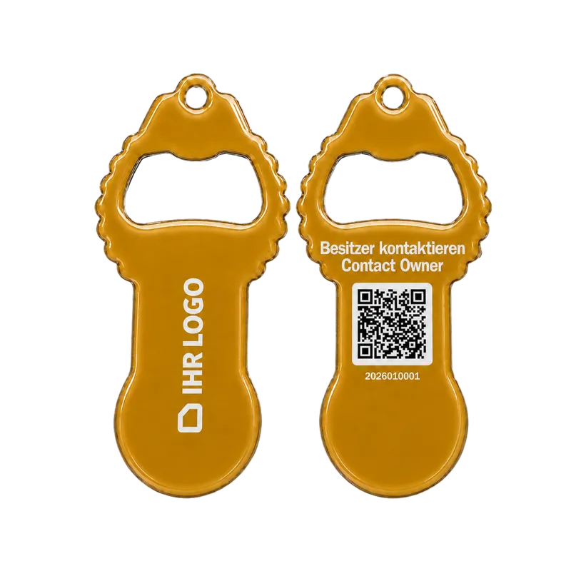 Déverrouilleur de caddie imprimé recto verso : recto avec logo client, verso avec QR code vers la fonction de contact