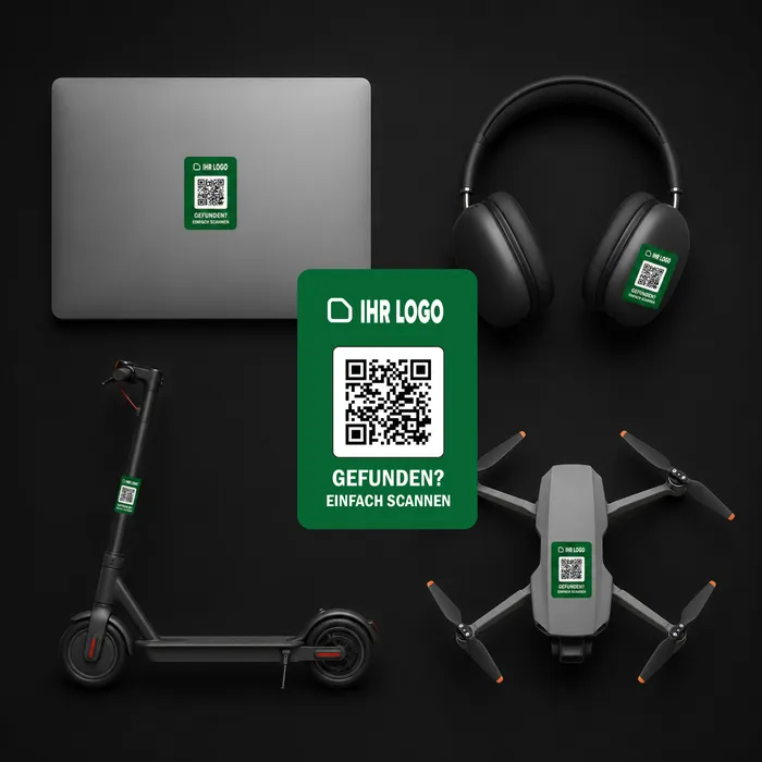 Anti-verlies stickers in gebruik op laptop en tas