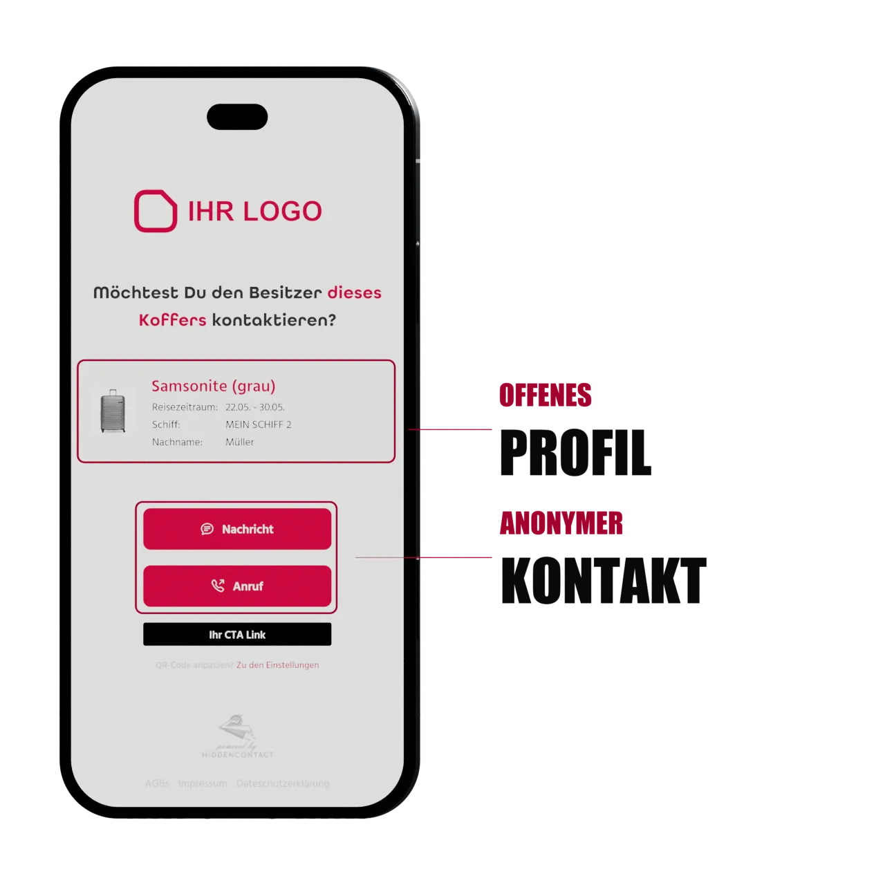 Contactpagina na het scannen van het bagagelabel – de vinder neemt anoniem contact op met de eigenaar