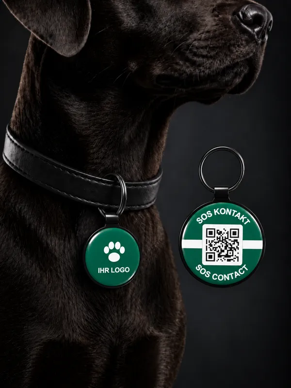 Hund mit SOS-Anhänger am Halsband