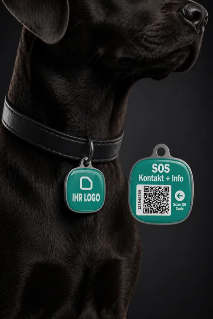 Chien avec médaillon SOS au collier