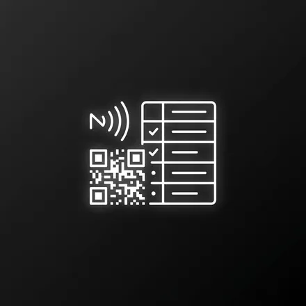 Représentation abstraite d'un QR code, d'un symbole NFC et d'une liste de liens d'activation individuels