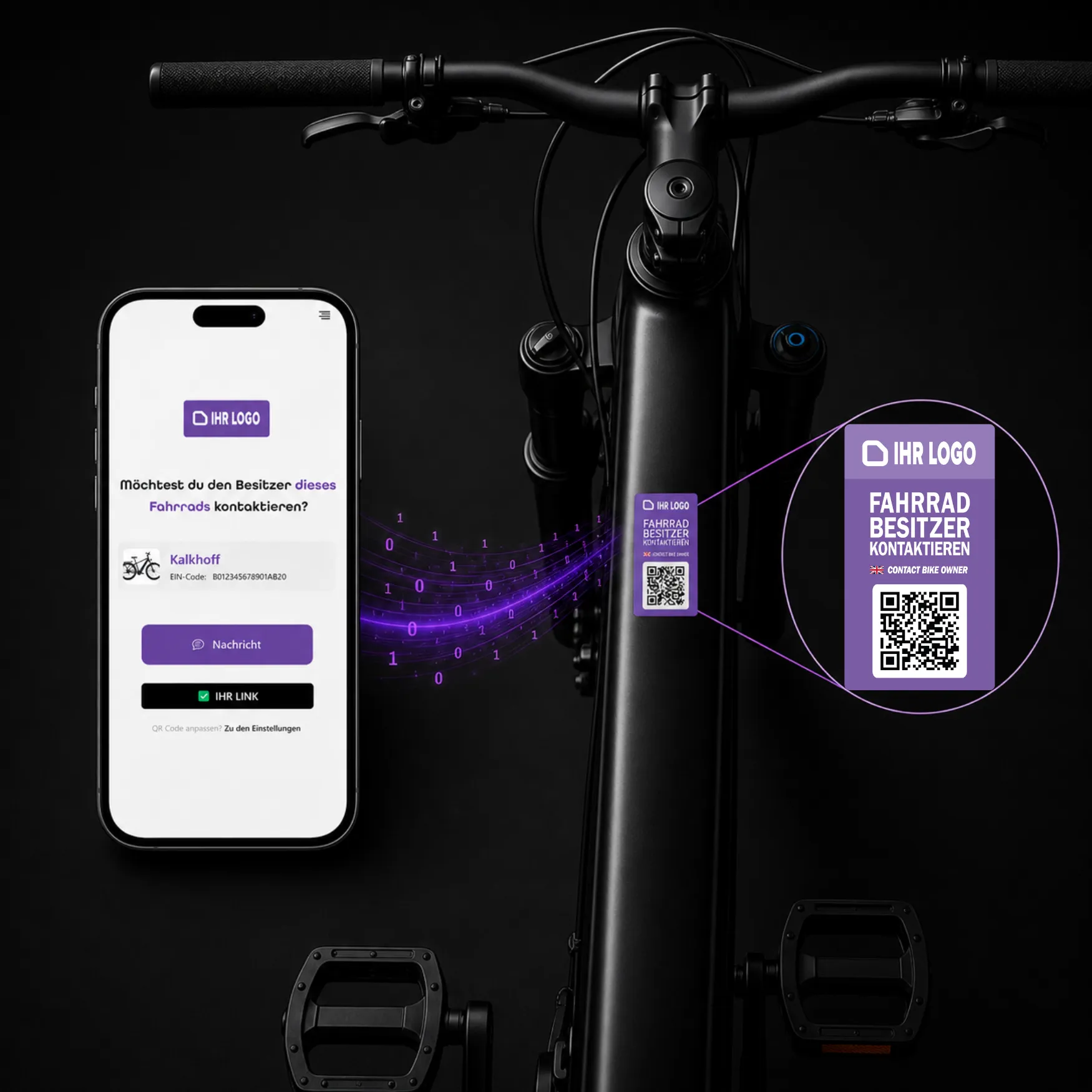 Fahrrad-Sticker mit individuellem Logo und QR-Code am Rahmen