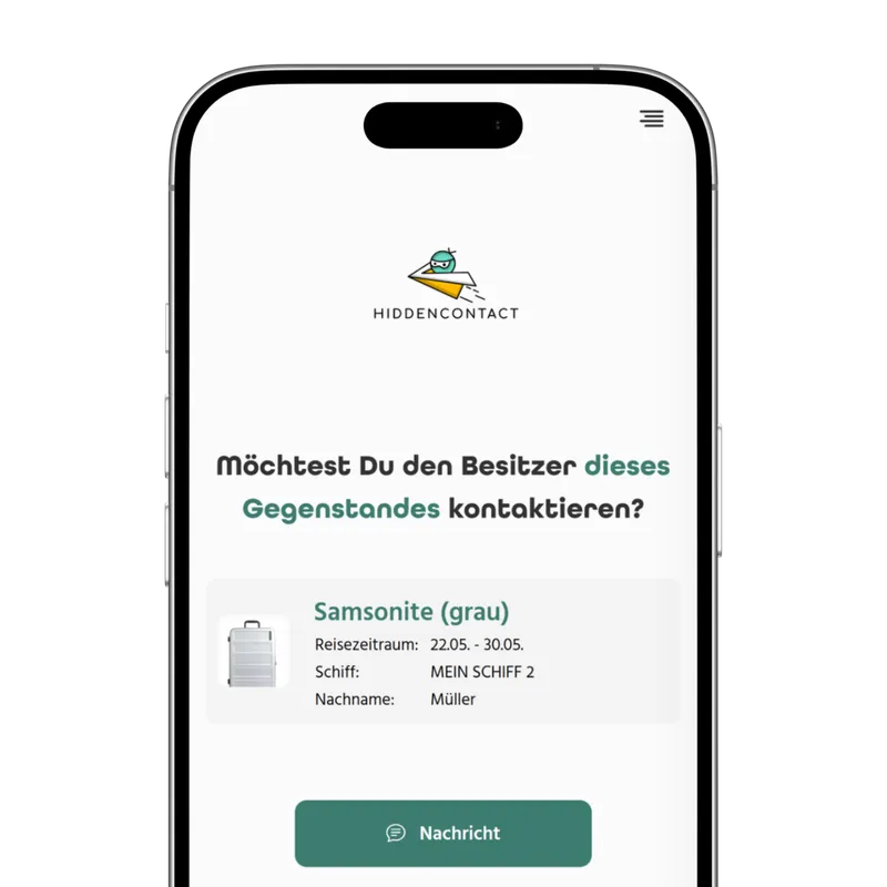 hiddencontact Kontaktseite am Beispiel eines Koffers: Möchtest Du den Besitzer dieses Gegenstandes kontaktieren – mit Reiseprofil